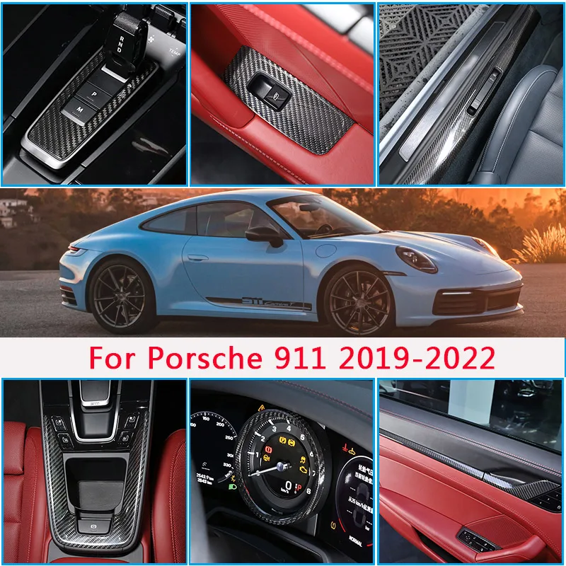 

For Porsche 911 992 2019-2022 Real Carbon Fiber Inner Door Central Control Gear Panel Cover Door Sill Trim Stickers Accessories