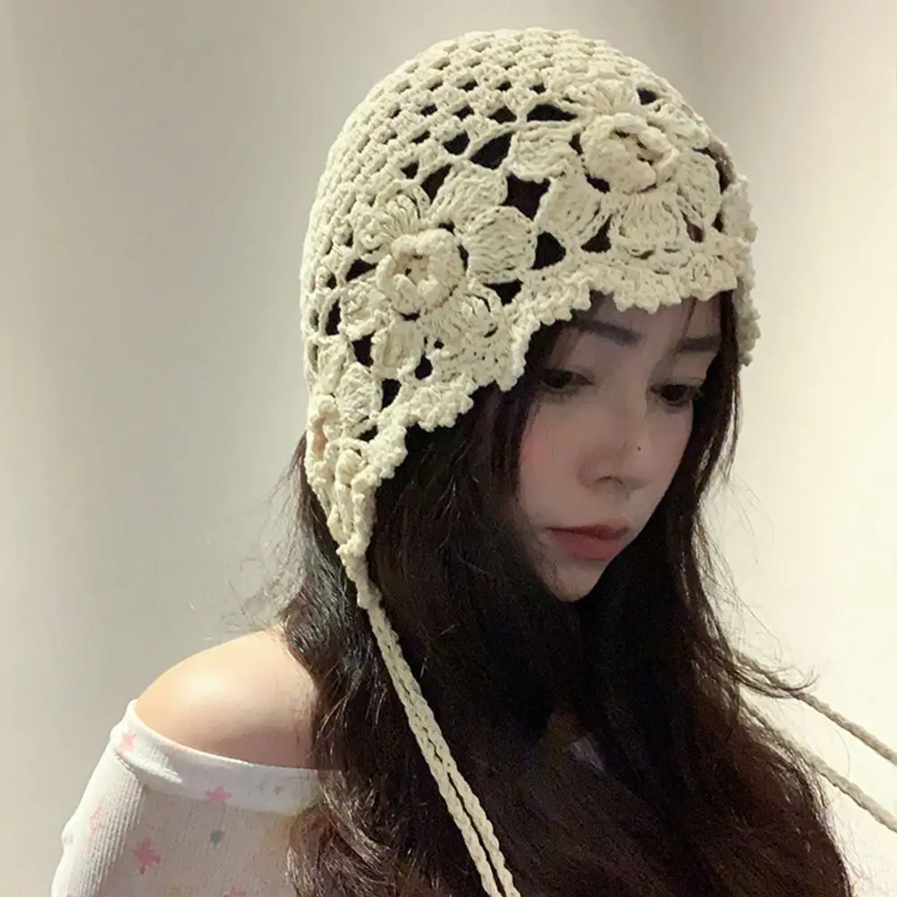 Breathable Handmade Knitted Hat Crochet Hollow Flower Beret Cap Thin Bohemian Style Skullies Hat for Women