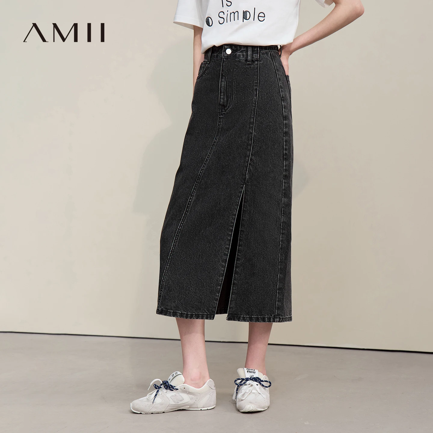 

Amii Women's Denim Skirt 2026 Summer New Asymmetric Zip Midi Skirt Vintage Cotton Side Slit Straight Women's Clothing 12642162