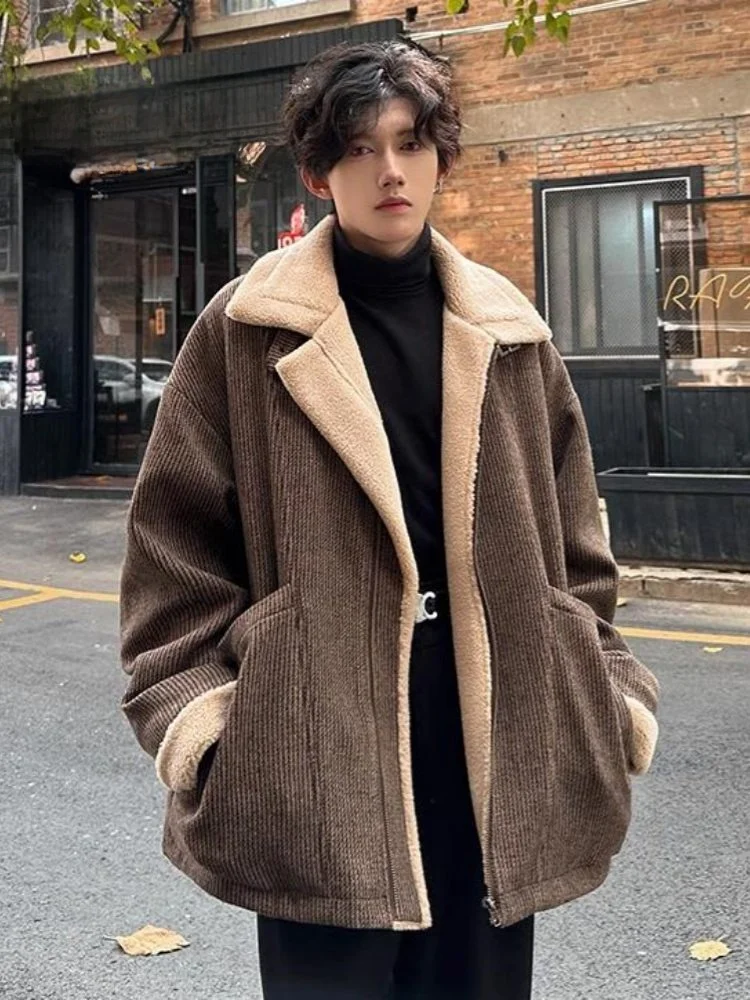 

Мужская зимняя утепленная куртка из овечьей шерсти в американском ретро-стиле с воротником, хлопковое пальто, молодежное, модное, теплое, с длинными рукавами, на молнии