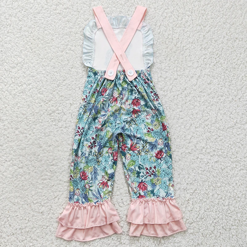 Baby Girl Easter Rabbit Jumpsuit Toddler Children Sleeveless Floral One-piece Wholesale Clothing Kids Bell Pants Flower Romper