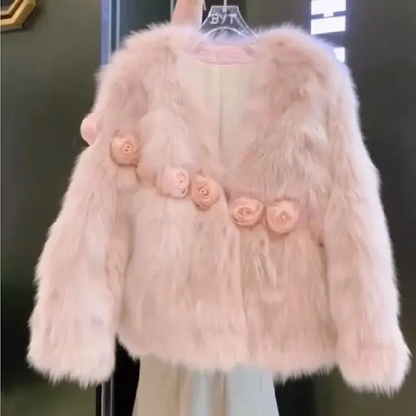 

Winter Women Pink Faux Fox Coat 3D Flowers Roses Blossoms Embroidery Mink Fur Jacket Flocking Parka Cardigan Chaquetas Tops