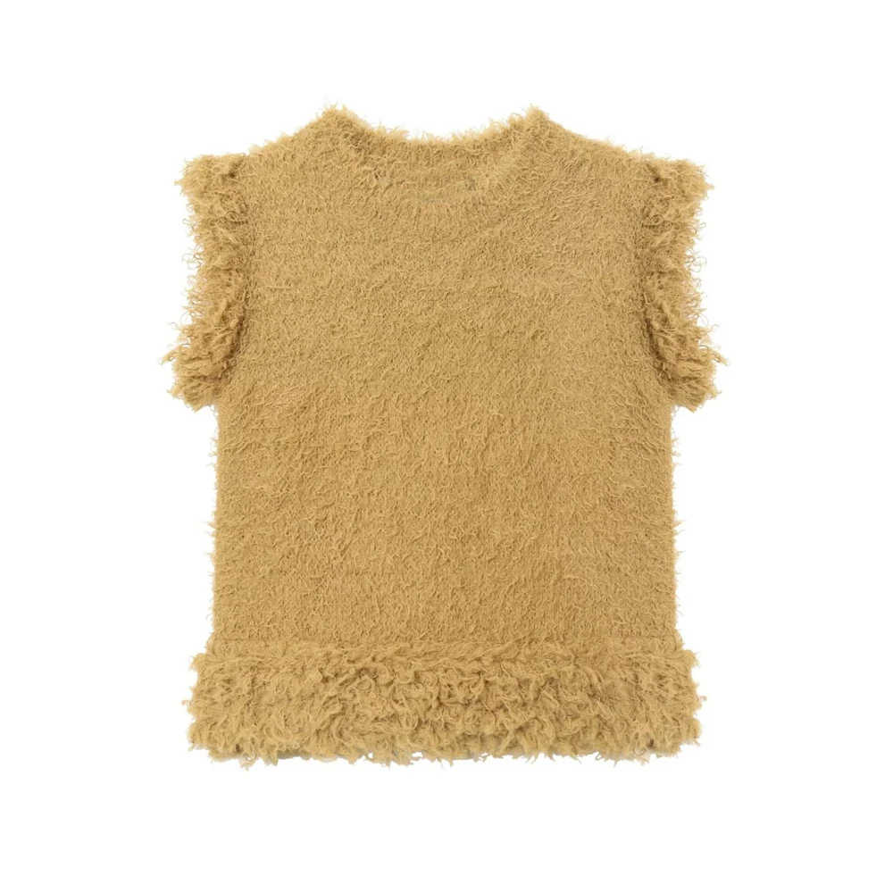 

New women's fashionable and versatile round neck sleeveless synthetic fur effect sleeveless knitted top
