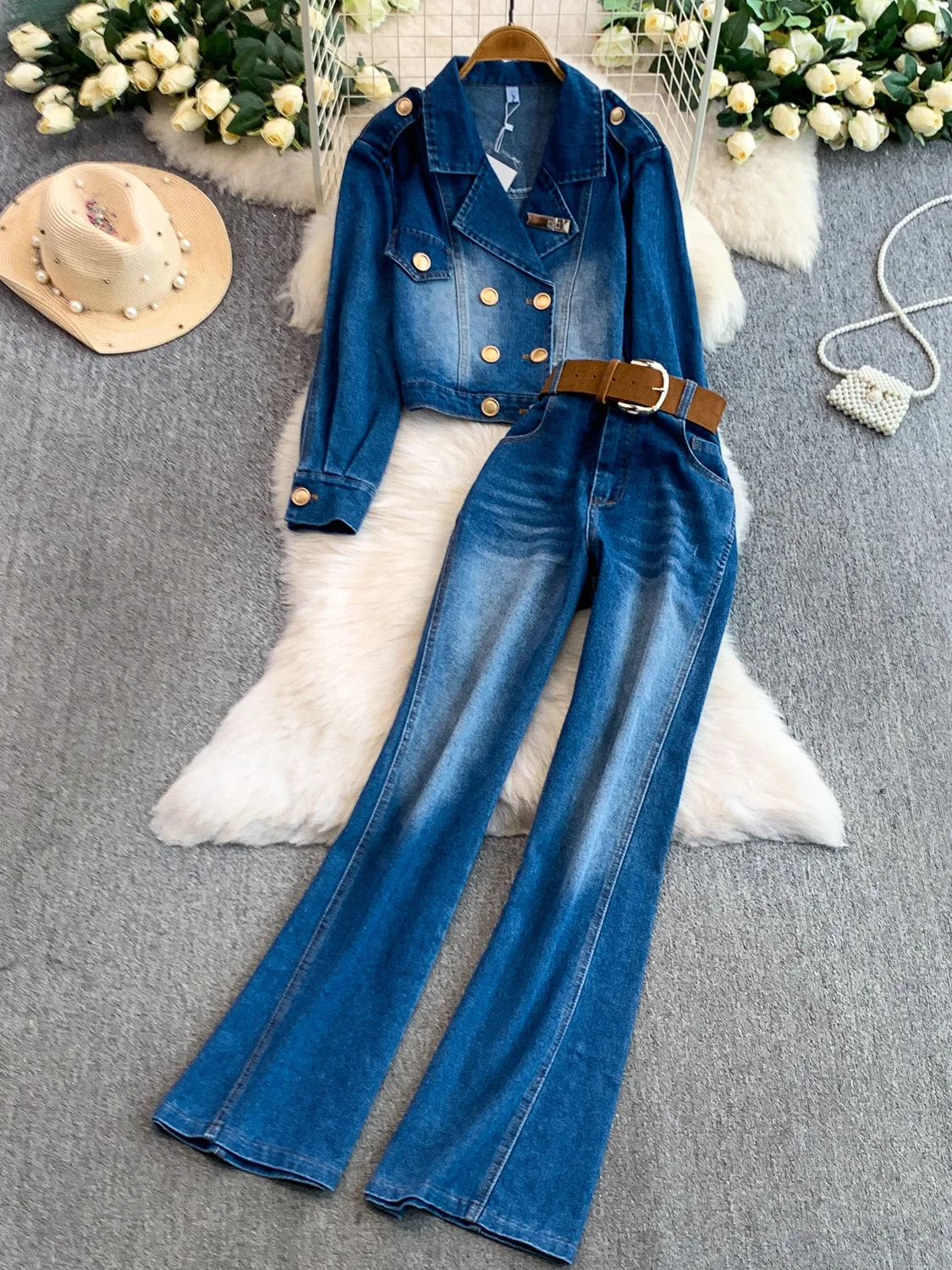 

Ретро американский дистированный джинсовый комплект с металлическими пуговицами или тюнет для похудения с высокой талией, комплект из двух предметов для молодых женщин