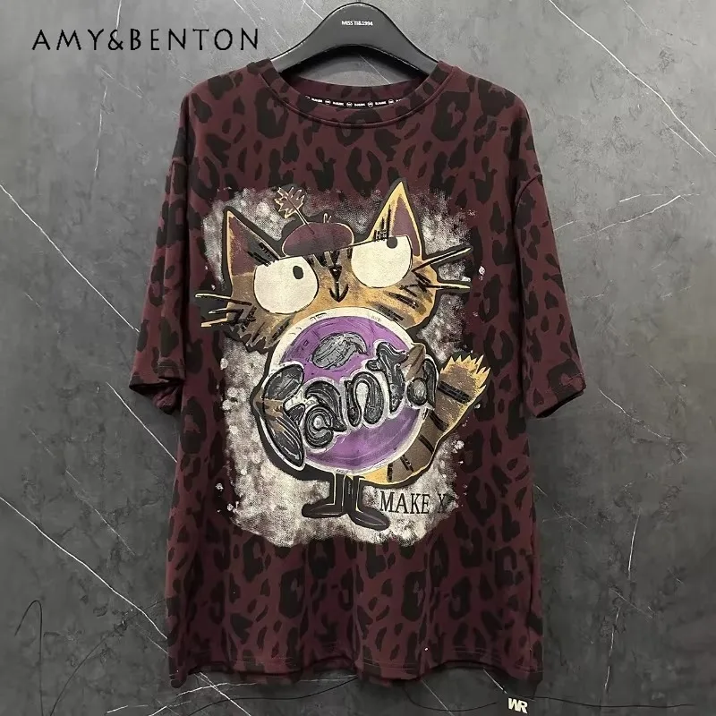 

2024 Autumn Winter Heavy Industry Cartoon Cat Leopard Print Thickened Polished Short-sleeved T-shirts Women's Loose Design Tees