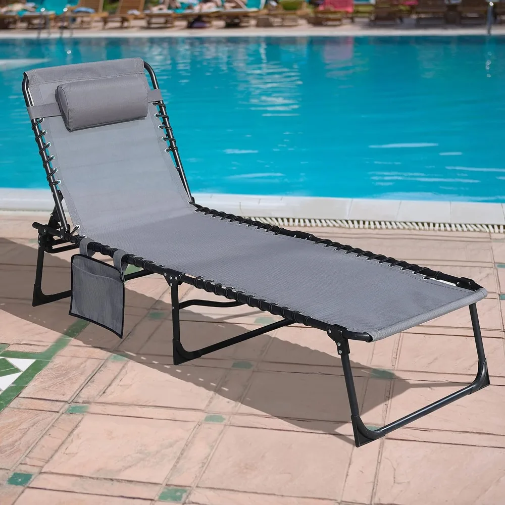 Pátio Chaise Lounge Chair, ao ar livre com bolso e travesseiro destacável, espreguiçadeira portátil, 4 dobras