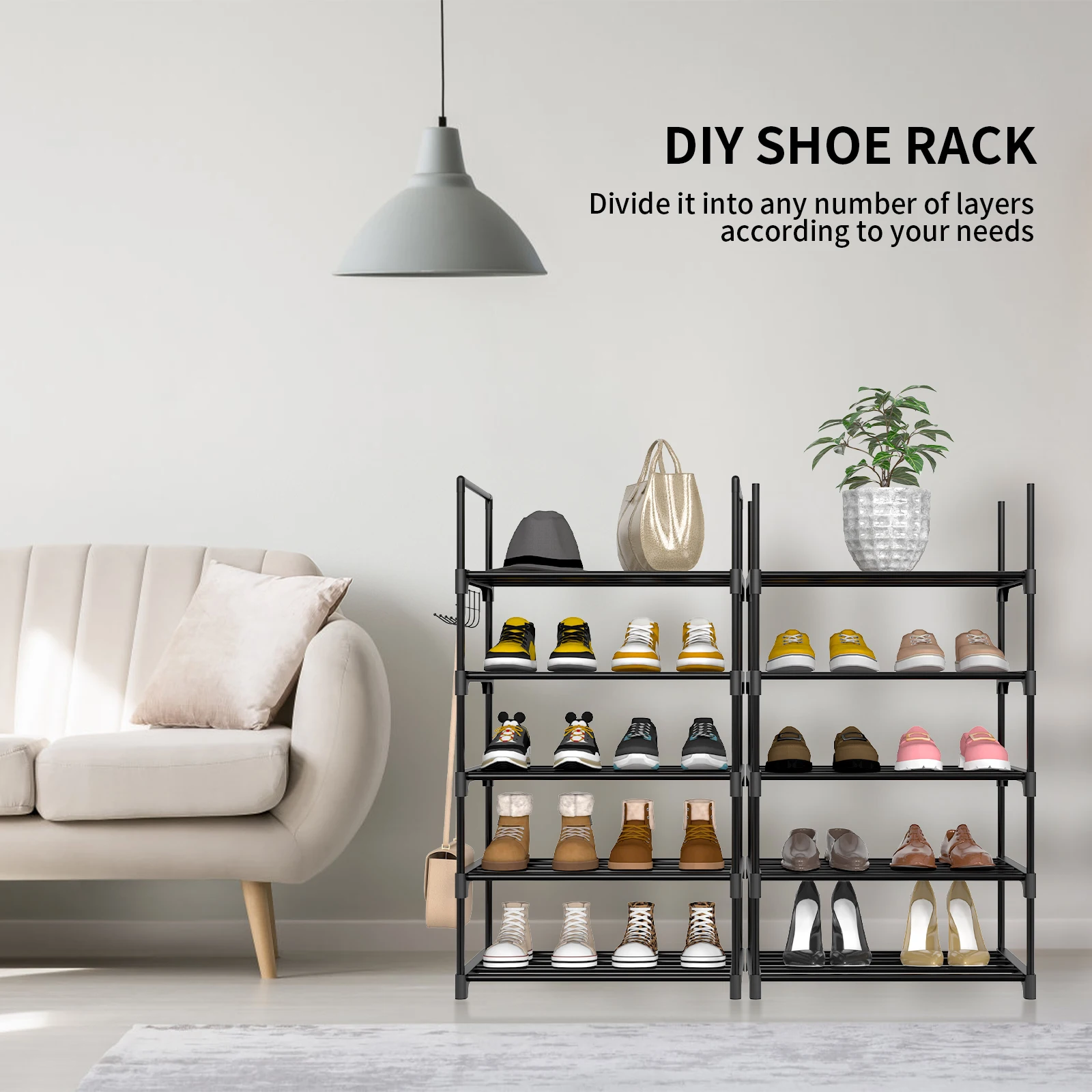 رف أحذية، منظم تخزين أحذية معدني من 10 طبقات مع خطاف، تصميم DIY، إطار معدني، رف موفر للمساحة، 30 × 43 × 174 سم، أسود