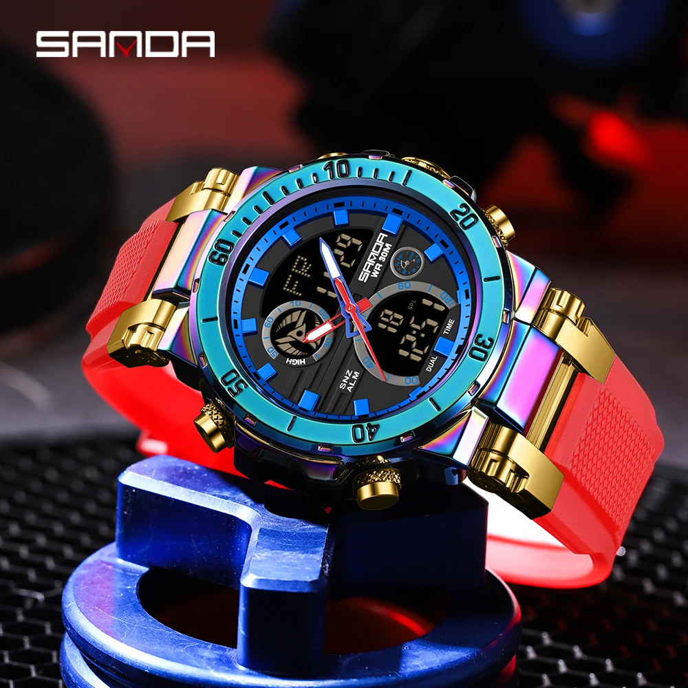 Sanda New 6175 Męski fajny zegarek elektroniczny Wielofunkcyjny męski zegarek ze stalową opaską dla uczniów szkół gimnazjalnych i średnich