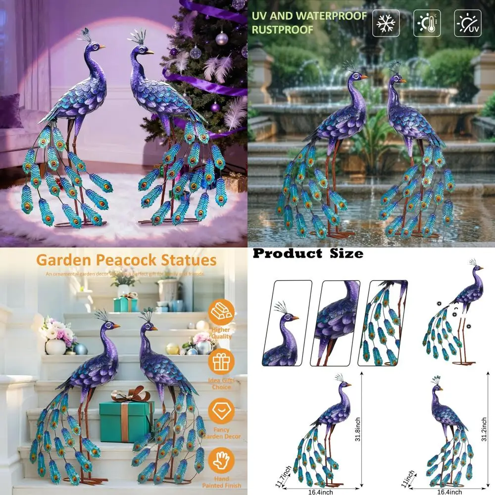 تماثيل حديقة الطاووس المعدنية الكبيرة - ديكور فني أنيق للفناء باللون الأرجواني، منحوتات رائعة للطيور للحدائق الخارجية #1