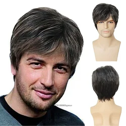 Synthetische kurze Herrenperücke mit Pony, schwarz-weiß, gemischte Perücke für Männer, natürlicher Haarschnitt, Vater, Opa, Geschenk, tägliche Perücke für alte Männer, Cosplay