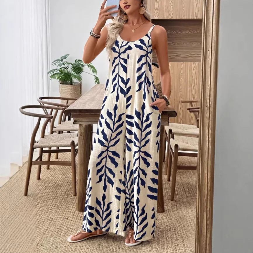 Women's Elegant V-neck Tropical Leaf Print Pocket Jumpsuit Rompers