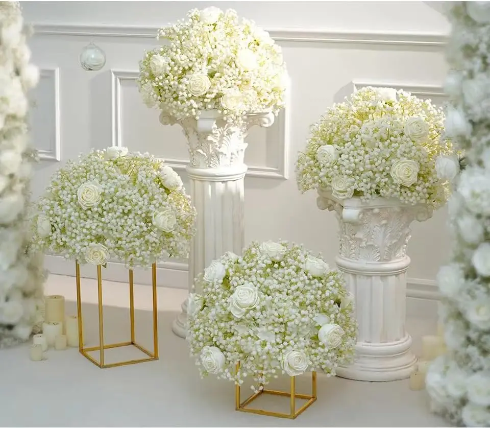 Luxury White Rose Baby's Breath Wedding Table Centerpiece Floral Ball Decor Church Banquet Arrangement Event Stage Props