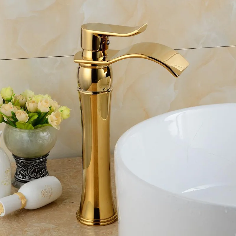 

Латунный позолоченный смеситель для умывальника, смеситель для горячей и холодной воды, смеситель для умывальника с одним отверстием и водопадом