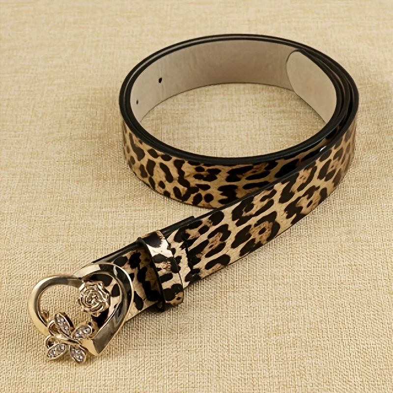 1 Piece of Women's Belt with Leopard Print Heart-Shaped Rose Buckle, Retro, Simple, Fashionable, Suitable for Daily Outings