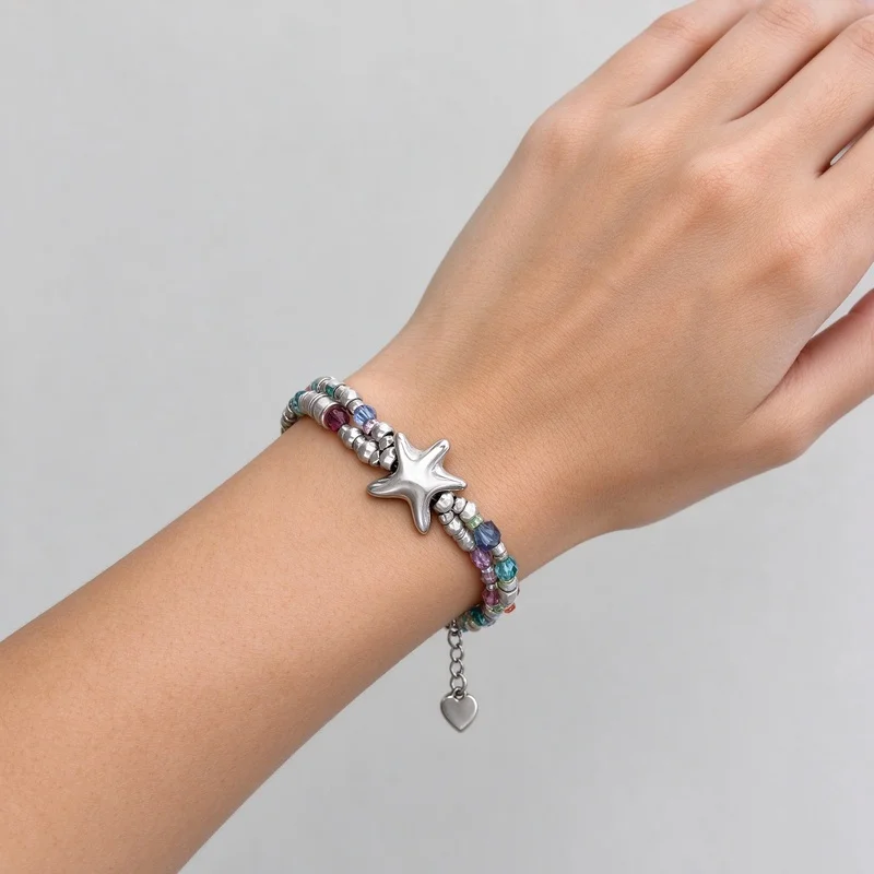Starfish Charm Beaded Bracelet, Alloy Multi Color Beads with Starfish Pendant for Women Girls Ladies, Ocean Beach Summer Trendy Style Jewelry for Daily Wear Vacation Holiday, Birthday Christmas Gift for Her, Hypoallergenic Lightweight Chic, Chain 18+3cm