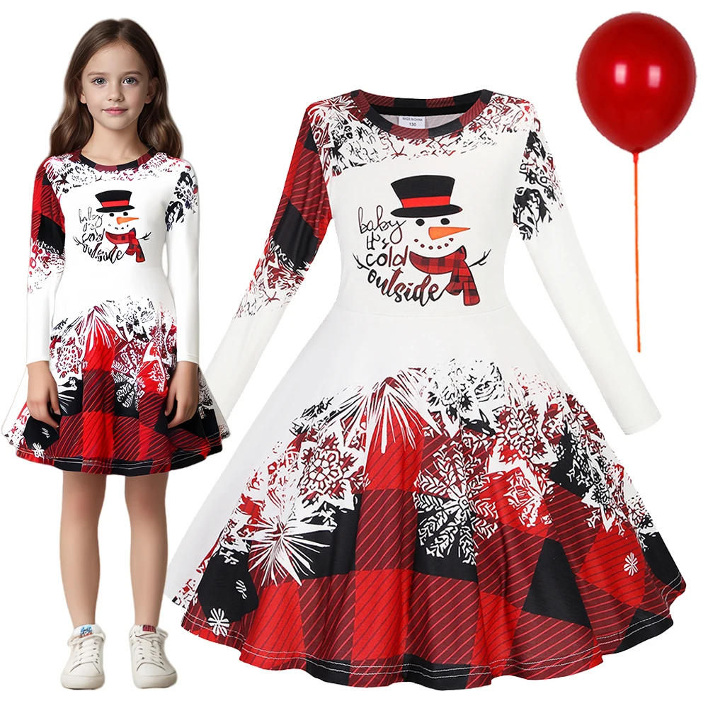 Christmas Girl Dress Santa Claus Cosplay Clothes Long Sleeve Full Printing Casual Outfit Christmas Eve New Year Party Clothings