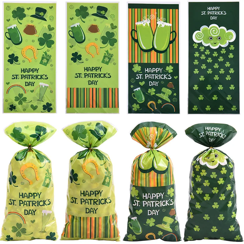 100Pcs/Pack St. Patrick's Day Plastic Gift Bag Green Clover Candy Bag Goodie Bag St Patrick Party Decoration  Supply