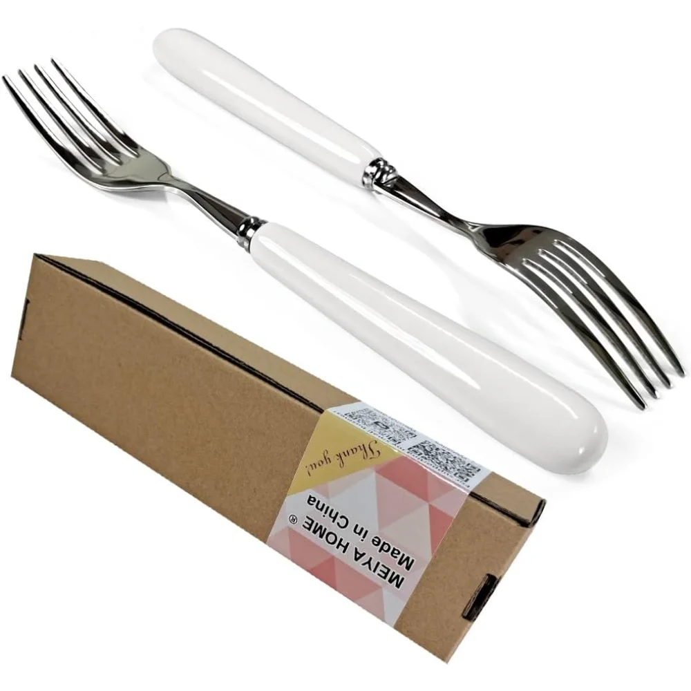 4pcs 20.5cm 8inch Good Dinner 18/10 Stainless Steel Table (creative White Ceramic Handle) Main Course , 4-tine For