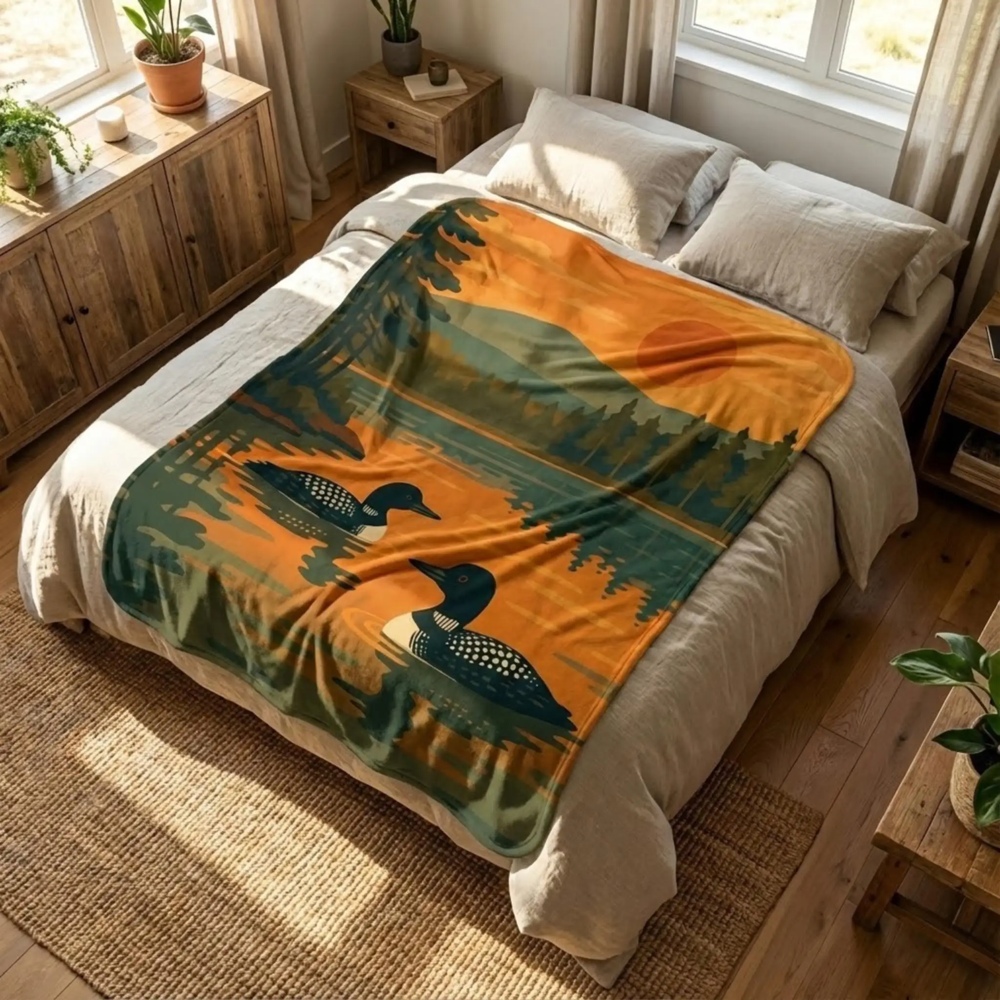 Vintage Lake View Diving Bird Sunset Printed Blanket Soft and Comfortable Sofa Nap Blanket Home Decoration Blanket, Gift Blanket