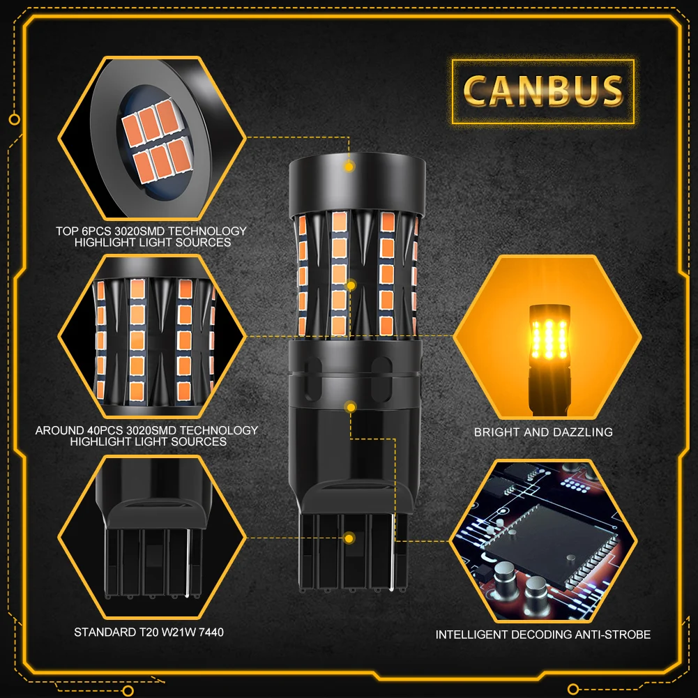 Picture 4: 2pcs T20 W21W WY21W LED No Hyper Flash 7440 7440NA LED Turn Signal Light Bulbs Canbus Error Free Car Lamp Amber Orange