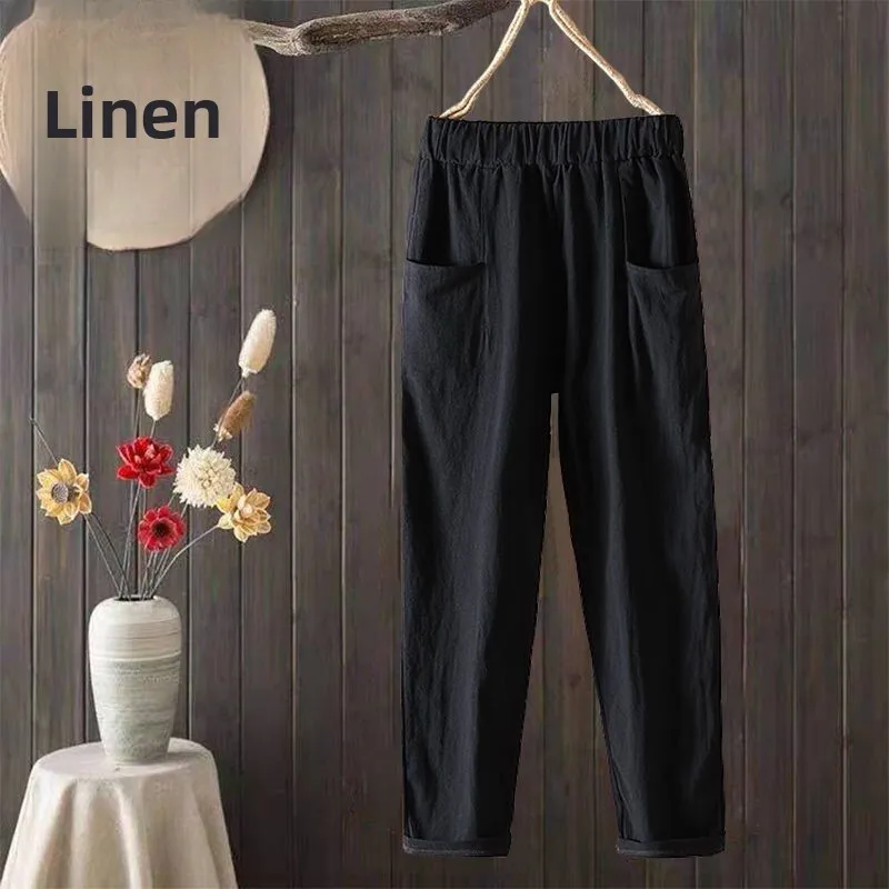 Plones de pierna recta de lino y aodón de cintura alta para mujer, plones finos de verano, nuevos, hoados, adea...