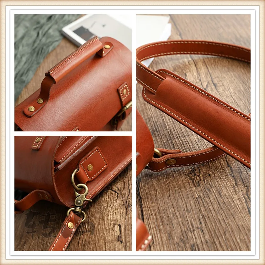 Vintage Handmade Genuine Leather Tree Cream Leather Vegetable Tanned Leather Shoulder Portable Cambridge Bag