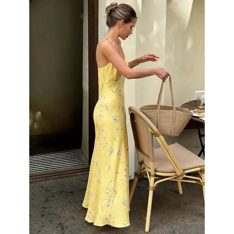 Bonny Casual Yellow Print Women's Dress Elegant Spaghetti Strap Open Back Dresses Autumn Fashion High Waist Ankle-Length Dress