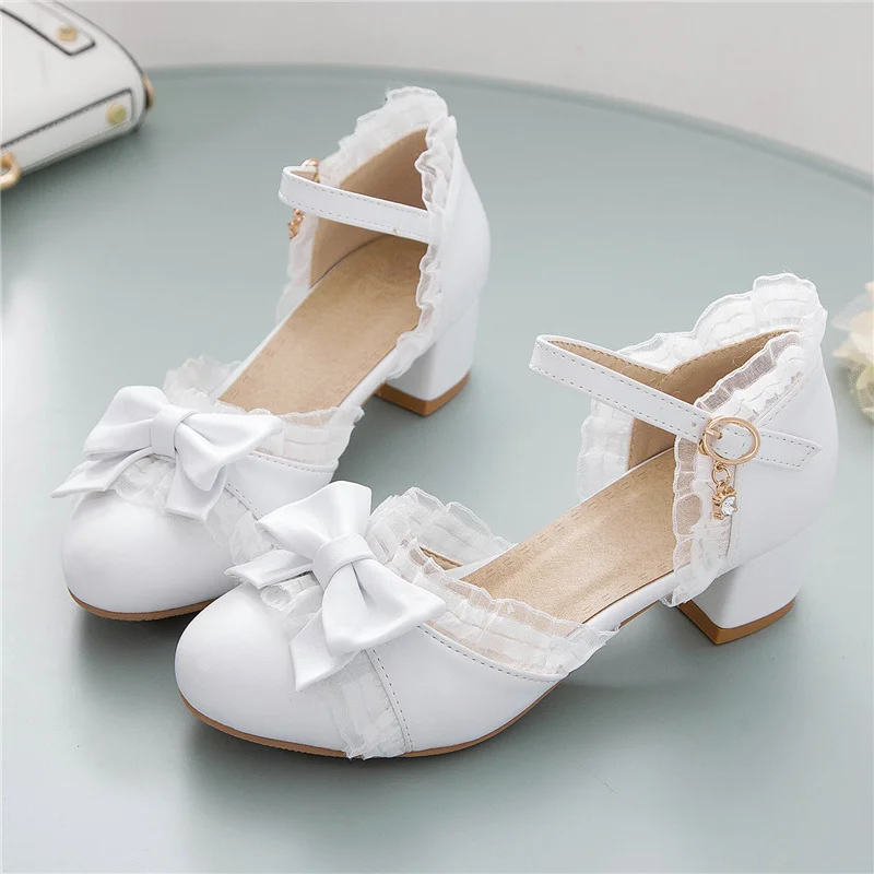 Sweet Japanese Lolita Princess Dance Shoes Girls Cute Bow Lolita Shoes Round Toe White Pink College Pumps Summer Ladies Sandals