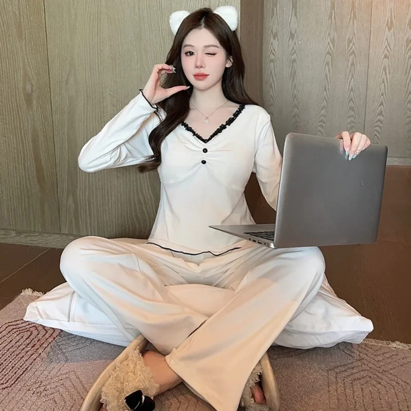 Pajama Sets Women V-neck with Chest Pads Ins Warm 2pcs Trendy Autumn Winter Homewear Slouchy Chic Korean Fashion Young Girlish