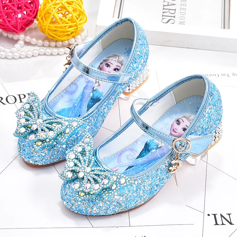 Disney Princess Elsa Leather Shoes Girls\' High Heels Shoes Fashion Girls\' Crystal Shiny Children\'s Blue Pink Shoes Size 26-35