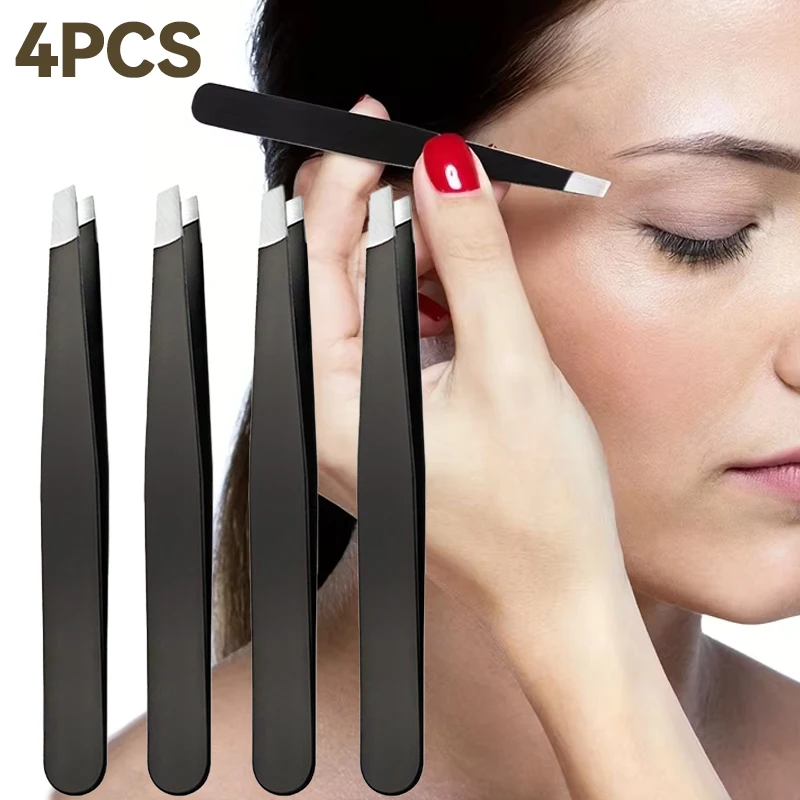 Pinzas de punta inclinada negra de acero inoxidable, recortador de cejas para pelo encarnado, pelo de nariz, pelo Facial, eliminador de garrapatas y espinillas, 1/2/4 Uds.