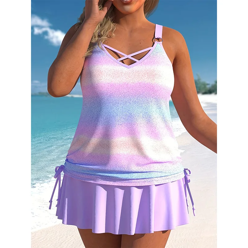 

2025 Gradient Two-Piece Swimsuit Women New Hot-Selling European and American Style Sexy Hollow-Out Modest Tankini Skirt for