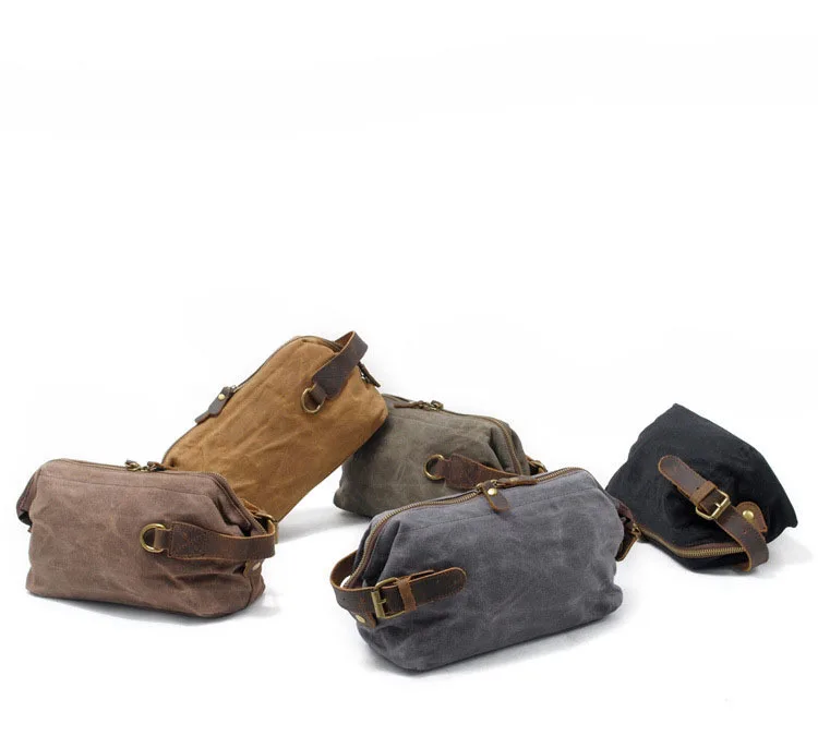 

Men's hand grab bag oil wax canvas wash bag retro hand take cowhine stitching hand take makeup bag