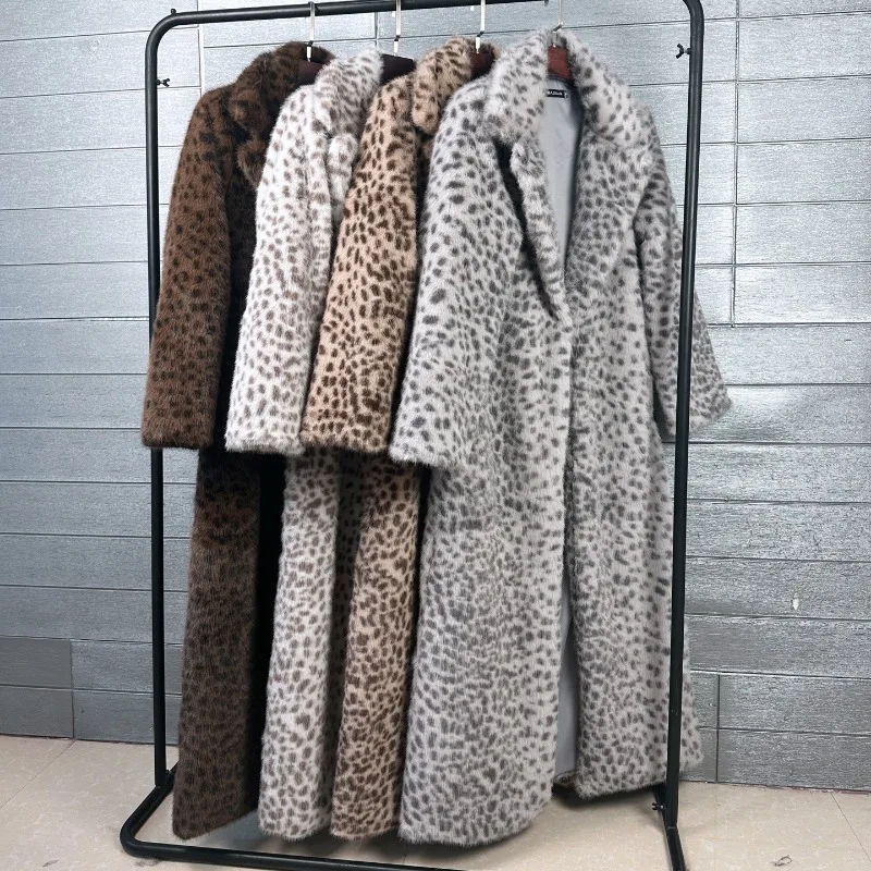 2026 Fashion Ferret Pattern X-long Faux Fur Coat Women's Mink Fur Overcoat Winter Wide Lapel Loose Thicken Outerwear Fur Jackets