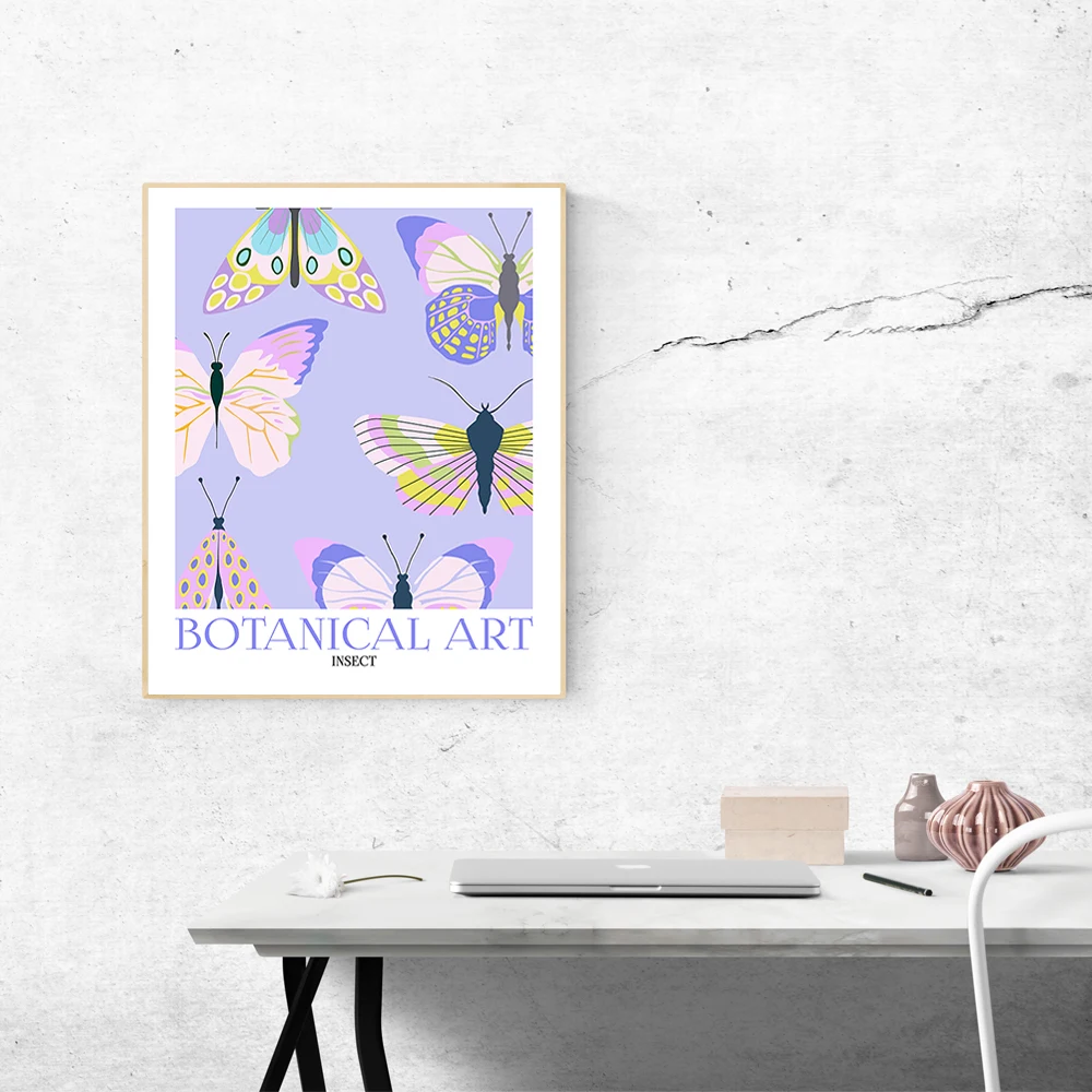1PC Purple Pink Butterfly Botanical Art Posters Canvas Painting Multicolor Insect Wall Art Print for Home Living Room Decor