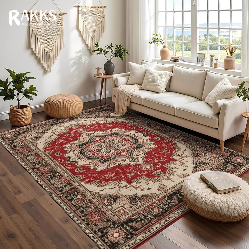 سجادة منطقة مخملية حمراء من RAKKS Boho، سجاد منخفض الكومة غير قابل للانزلاق بنمط طباعة الميدالية الفارسية بنمط متعدد