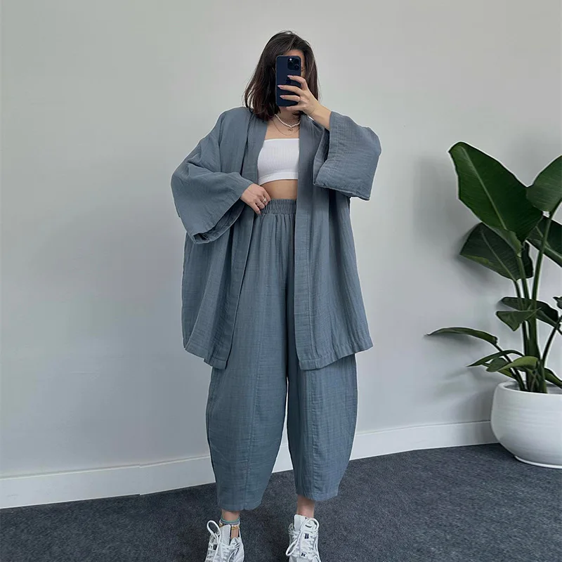 Solid Drape Loose Casual Suit  Women Pajamas Fashion Kimono Long-Sleeved High Waist Trousers 2 Pcs Sleepwear Female Home Suit