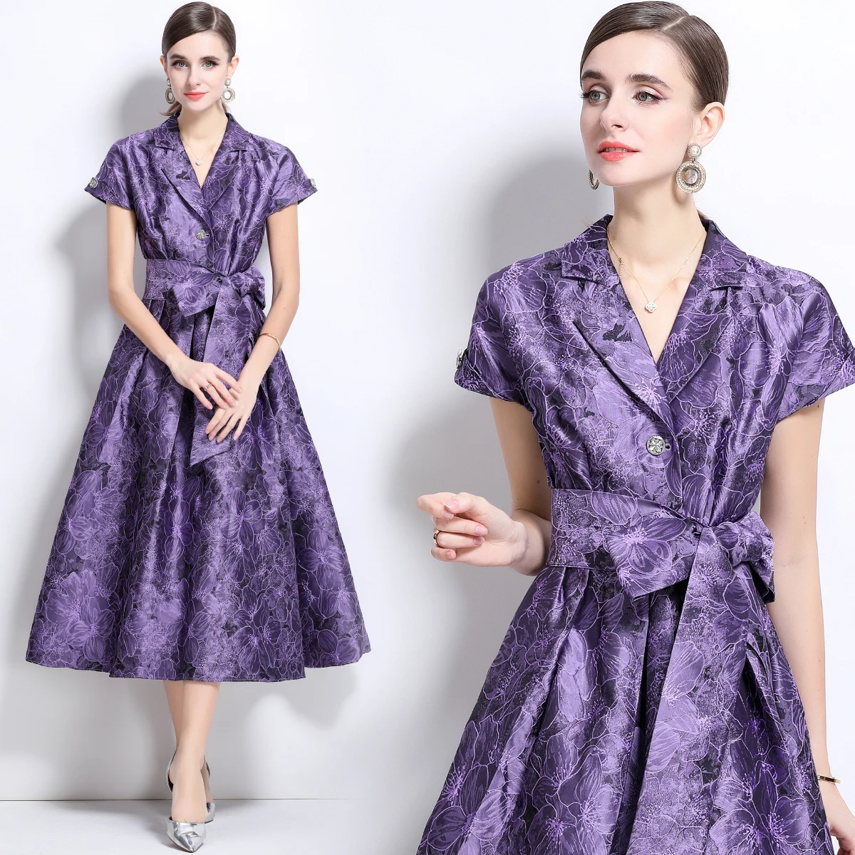 Abito da sera maxi dr ricamato Ele a vita alta con silhouette a trapezio V-Ne Svel tessuto in poliestere di lunghezza midi