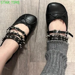 Metal Rivet Butterfly Knot Mary Janes 2024 Spring New Round Toe Belt Buckle Balet Shoes Black Fashion Women Flat Shoes