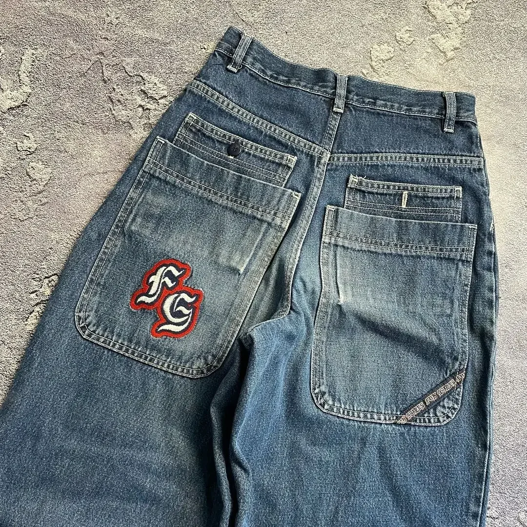 Calça jeans retrô americana y2k, bolso personalizado, bordado, calças soltas, jeans, reta, azul, lavada, hiphop, cintura alta, casal