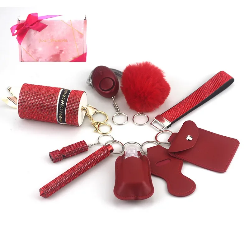 10pcs/set Daily Safety Keychain Kit with Self-defense Alarm fur Ball Pendant and Storage Bags Keychain for Women