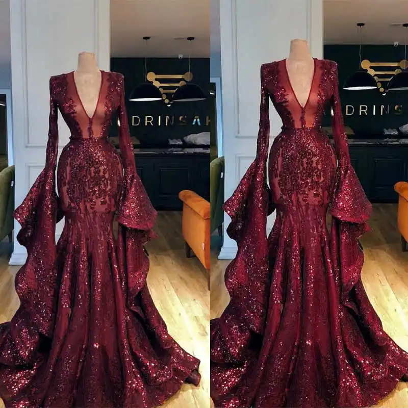 

Exquisite Sequins Mermaid Evening Dresses Deep V Neck Long Sleeves Prom Gowns Special Occasion Party Customized Dresses
