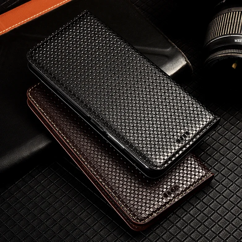 Genuine Cowhide Leather Flip Case For Samsung Galaxy S24 Ultra S23 S22 S21 FE Small Grids Texture Card Slots Holder Wallet Cover