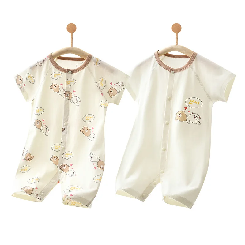 2pcs Summer Soft Cotton Thin Baby Short Sleeved Jumpsuit for Boys Girls Infant Cute Cartoon Snap-fastener Toddler Crawling Suit