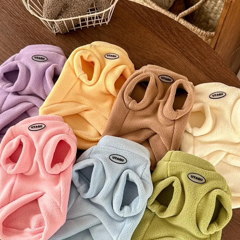 Classic Solid-Colour Puppy Pet Sweatshirt Reversible Fleece Coat Thickened Winter Pet Clothing Maltese Warm Two-Legged Clothes