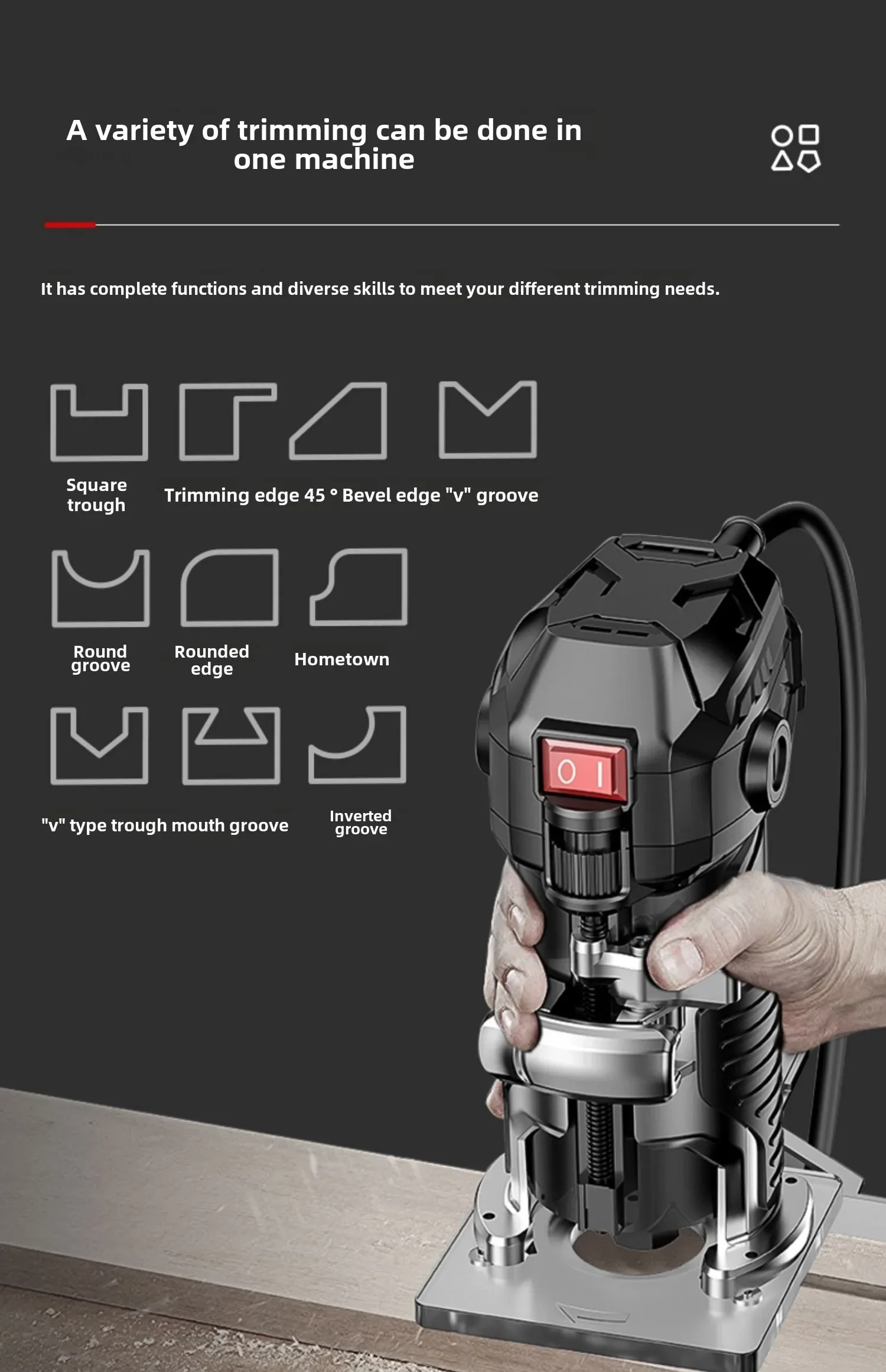 220V Multi-functional Electric Trimmer for Woodworking with Slotting and Engraving Features B