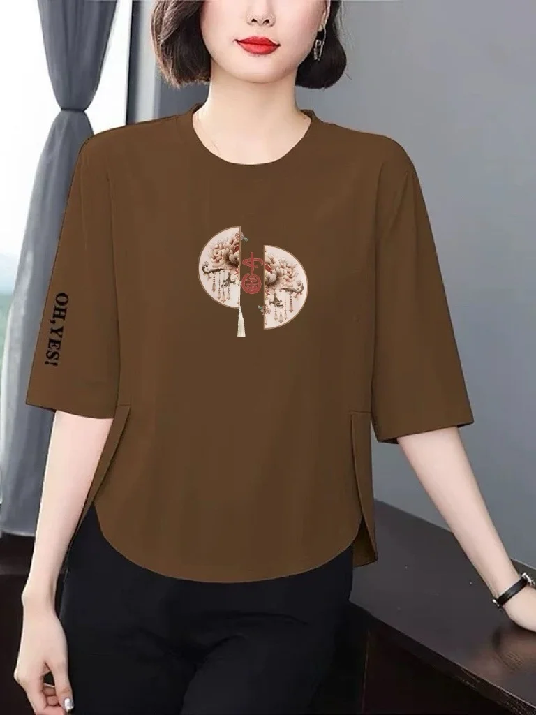 

Элегантная женская футболка с цветочным принтом, свободного кроя, скрывающая живот, для женщин среднего и пожилого возраста, модная, дышащая, из полиэфирного волокна