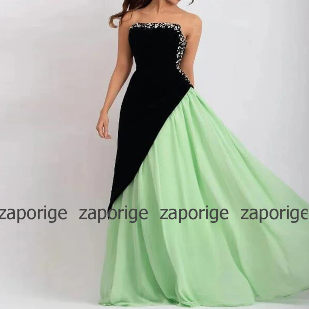 Contrast Color Formal Evening Dress Jersey&Chiffon Black And Mint Ruched Rhinestone Evening Dress A-line Strapless Long Dresses