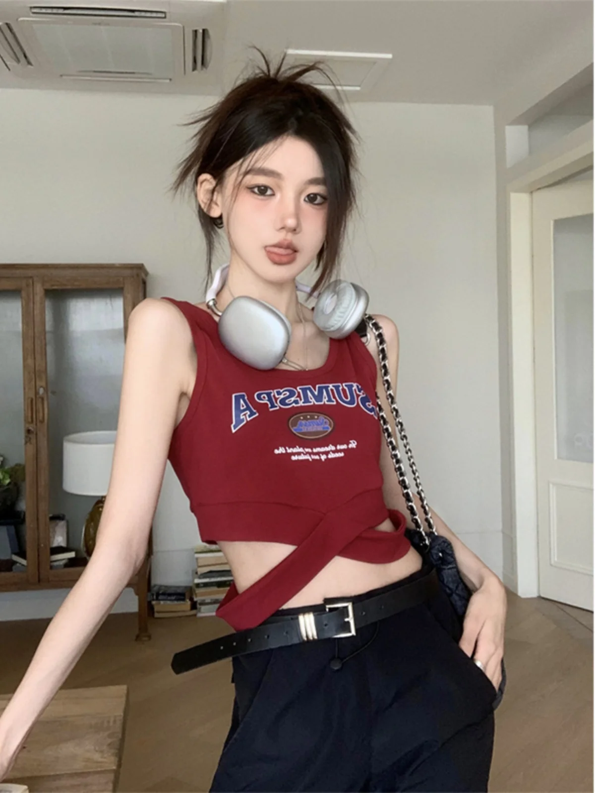 American Style Spicy Girl Letter Cross Backless Short Top Women's Summer 2024 New Design Slim Fit Commute Style Vest