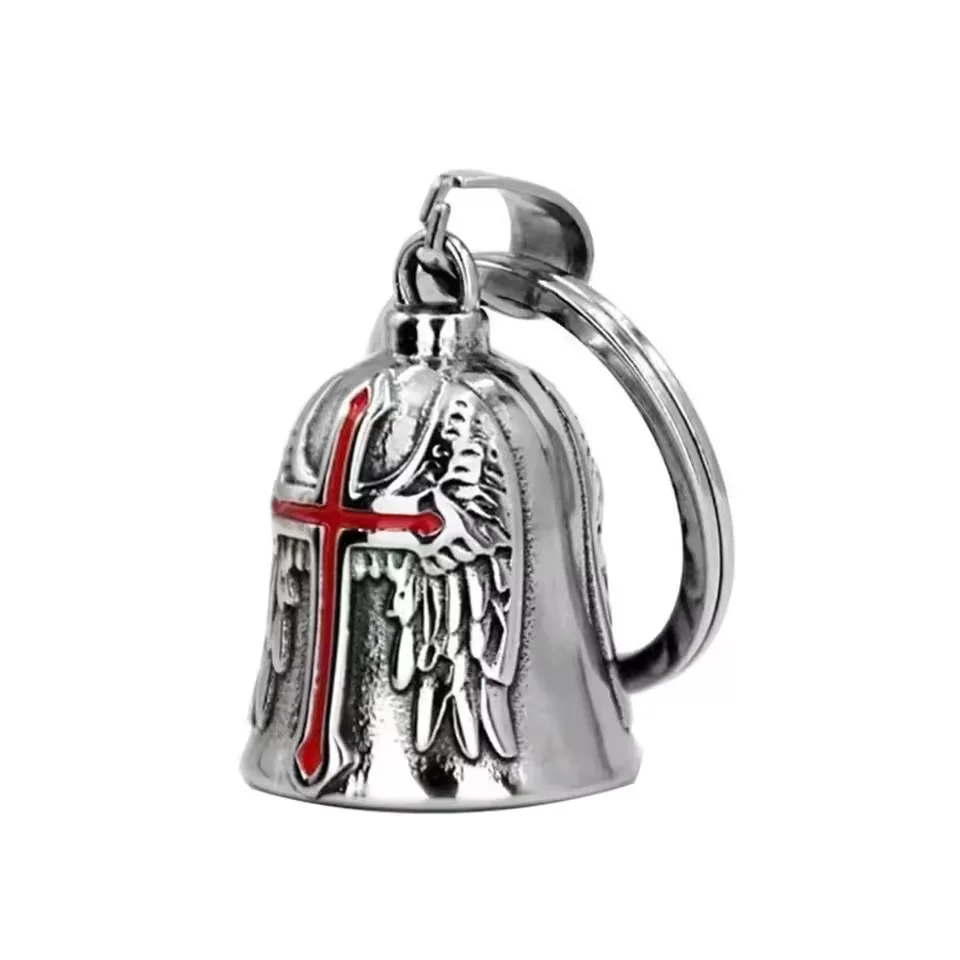 Biker Bell Carved Red Cross Wings Pendant Motorcycle Riding Bell Necklace Personality Men\'s Lucky Amulet Jewelry Wholesale